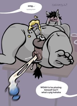 anthro anus asinus ass balls black_hair blush bodily_fluids chastity_cage chastity_device chunkolilt closed_eyes comic cum cum_fart cum_inside degradation dialogue donkey embarrassed english_text equid equine feet flat_chastity_cage furniture genital_fluids genitals grey_body hair hi_res male mammal nude offscreen_character overweight overweight_male peeing peeing_self plug_(sex_toy) public public_nudity puffy_anus sex_toy slur solo speech_bubble submissive submissive_male table tail text urination urine