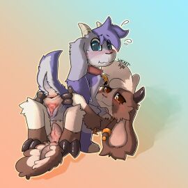 2girls ambiguous_gender animal_genitalia animal_pussy anthro anthro_on_anthro anthro_only background bell belle_(billie_bust_up) billie_(billie_bust_up) billie_bust_up blue_eyes blush bovid bovine brown_fur collar cub digital_drawing_(artwork) digital_media_(artwork) female female/female female_only furry furry_only goat goat_ears goat_horns goat_tail hi_res hooves leaking_pussy looking_at_viewer looking_back mother_and_child mother_and_child_(lore) mother_and_daughter multicolored_fur orange_eyes purple_fur purple_hair pussy smiling spreading_ass spreading_pussy white_hair white_muzzle wicketrin