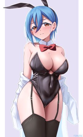 arms_behind_back bare_arms bare_shoulders belly_button_visible_through_clothing black_leotard black_thighhighs blue_hair blush breasts bunny_ears bunnysuit cleavage closed_mouth collarbone detached_collar earrings female garter_straps huge_breasts leotard love_live! love_live!_superstar!! medium_hair orange_eyes removing_shirt rikka006 smile strapless_leotard thick_thighs thighhighs thighs wakana_shiki