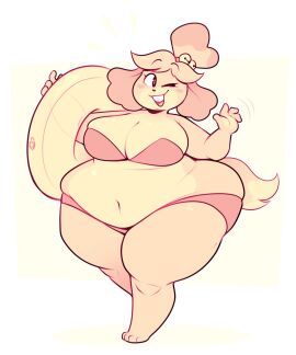 animal_crossing_new_leaf anthro ass breasts breasts_bigger_than_head buckteeth fat female furry huge_ass huge_belly isabelle_(animal_crossing) massive_ass ridiculouscake spilling_out swimsuit thick_ass thick_thighs waving wide_hips wink yellow_fur