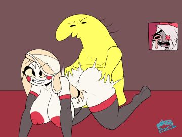 adult_swim ambiguous_penetration ass big_nipples breasts cartoony charlie_(smiling_friends) charlie_dompler charlie_morningstar_(hazbin_hotel) cheating cheating_girlfriend critter crossover crying cuckquean demon doggy_style female flat_colors funny hazbin_hotel huge_nipples infidelity male mature_female nipple_indentation nipples no_nose no_source non-human noseless ntr red_cheeks red_nipples sex smiling_friends solidrich stylized toony vaggie_(hazbin_hotel) vivziepop yellow-skinned_male