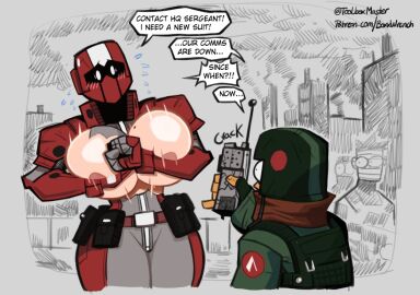 2024 areola_peek armor armored_female big_breasts blush boxx_wrench breasts captain_scarlet_(boxx_wrench) color colored covering_breasts dialogue digital_drawing_(artwork) embarrassed english_text female helmet huge_breasts nipple_peek original original_character original_characters pouches sergeant_(boxx_wrench) speech_bubble sweatdrop text wardrobe_malfunction