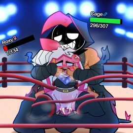 beaten_up blush bodily_fluids bondage bottomless bottomless_female bound cage_(royalchomper) cape clothed clothing competition cum cum_in_pussy cum_inside defeat_sex duo female fighting_ring gameplay_mechanics generation_5_pokemon generation_9_pokemon genital_fluids gui hand_in_mouth health_bar hood_up male male/female nintendo penetration pokemon pokemon_(species) pussy roxy_(chikidoodlez) scrafty sex sexual_competition sexual_fight size_difference smaller_female softestpuffss sweat tinkaton vaginal_penetration venus_symbol
