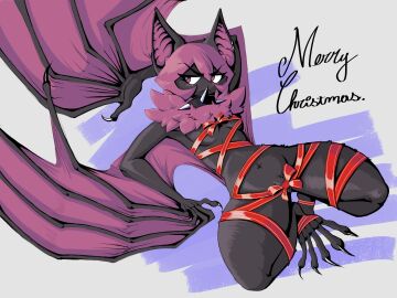 absurd_res agatha_(noirchaton4) anthro bat big_ears biped black_body black_fur blush blush_lines bob_cut bondage bound bow_ribbon breasts christmas_present claws collar female finger_claws fur furrowed_brow genitals gift hair hands_behind_head hi_res looking_away lying mammal membrane_(anatomy) membranous_wings merry_christmas navel neck_tuft noirchaton4 on_back purple_body purple_hair purple_skin pussy restrained_legs ribbon_bondage ribbons short_hair slim_anthro slim_female small_breasts solo spiked_collar spikes spread_legs spreading thick_thighs toe_claws tuft winged_arms wings