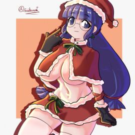 1girls capelet glasses gluko large_breasts mon_colle_knights purple_eyes purple_hair rokumon_tengai_mon_colle_knight rokumon_tengai_mon_kore_naito santa_costume santa_hat tagme underboob