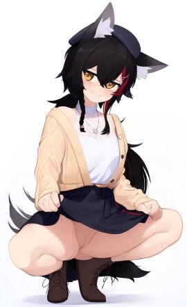 1girls ass_visible_through_thighs blush blushing_at_viewer bottomless female female_focus female_only hololive hololive_gamers hololive_japan light-skinned_female light_skin long_hair looking_at_viewer no_panties ookami_mio partially_clothed partially_clothed_female solo solo_female solo_focus thick_thighs thighs virtual_youtuber yoako