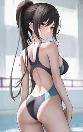 1girls ass ass_cleavage ass_crack back bikini black-haired_female black_bikini black_hair black_one-black_piece_swimsuit black_swimsuit black_swimwear blue_bikini blue_one-blue_piece_swimsuit blue_swimsuit blue_swimwear blurred_background blurry_background blush blush_face blushed_face blushing_at_viewer blushing_face blushing_female breasts brown-eyed_female brown_eyes busty busty_female busty_teenager butt_crack dot_nose elbows female female_only hair_between_eyes hand_on_leg hand_on_own_leg hand_on_own_thigh hand_on_thigh high_resolution highres hourglass_figure idolmaster idolmaster_shiny_colors indoor indoors large_breasts lean_figure legs light-skinned_female light_skin lips long_hair looking_at_viewer looking_back marinesnow narrow_waist one-piece_swimsuit ponytail shirase_sakuya shoulders sideboob simple_background slender_body slender_waist slim_female slim_waist solo standing swimsuit swimwear teenage_female teenager thick_ass thick_thighs thighs thin_waist upper_body wide_hips