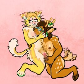 1:1 anthro august_(augussyy) balls brown_body brown_fur clitoris countershading deer domestic_cat eyewear felid feline felis female friskyfeline69 fur futa/female futanari genitals glasses hi_res hooves humanoid_genitalia humanoid_penis intersex intersex/female kneeling mammal masturbating_while_sucking masturbation nipple_fetish nipple_play nipple_suck noodle_(friskyfeline69) penile penile_masturbation penis penis_against_clitoris pink_background pubes pussy simple_background sucking trans_woman transfem yellow_body yellow_fur