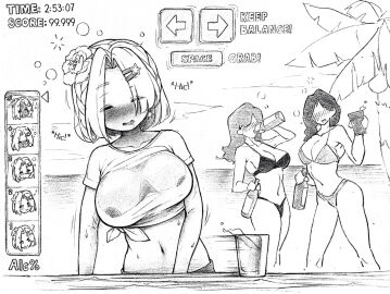 3girls akatsukimana alcohol alcohol_bottle alcoholic_drink bar_(place) bartender beach beach_background beach_bar beach_clothes beach_party big_breasts bikini black_and_white breasts cup drink drinking drinking_glass drunk drunk_female female flower_in_hair gameplay_mechanics hiccuping huge_breasts large_breasts le.c leaning leaning_to_the_side midriff midriff_baring_shirt monochrome no_bra original original_character original_characters palm_tree party reference score score_overlay see-through_clothing shirt short_hair short_sleeves solo_focus source tied_shirt timer tipsy traditional_media_(artwork) tropical