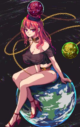 bare_legs bare_shoulders black_choker black_shirt blush breasts chains choker cleavage covered_erect_nipples crop_top earth_(ornament) earth_(planet) female from_side full_body full_moon hat hecatia_lapislazuli high_heels large_breasts leaning_forward long_hair looking_at_viewer midriff miniskirt moon moon_(ornament) navel no_bra off-shoulder_shirt off_shoulder pixel_art planet plant puck100ml red_eyes red_hair rock see-through see-through_shirt shirt sitting sitting_on_object sitting_on_planet sitting_on_rock skirt smile solo thighs touhou