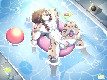 4:3 absurd_res anthro balls biped braided_hair cellphone countershade_fur countershade_torso countershading electronics eyewear felid foreskin fur genitals glans hair hi_res humanoid_genitalia humanoid_penis inflatable inner_tube mal_lock male mammal partially_submerged penis phone smartphone solo sunglasses swimming_pool tail uncircumcised water