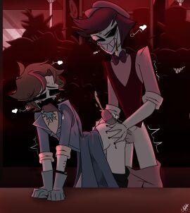 background_character background_characters cannibal cap cum cum_on_body enjoying gay gay_domination gay_sex gerathian hazbin_hotel male no_eyes no_mouth original_character pale_skin public public_sex smile sweat table teeth_pointy two-tone_body yaoi