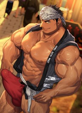 1boy abs balls balls_under_clothes bandana bara bare_breasts beard_stubble beefy biceps big_areola big_breasts big_nipples big_penis blue_eyes blurry_background breasts breasts_bigger_than_head broad_shoulders brown_hair bursting_clothes collarbone daddy dilf erect_nipples erection erection_under_clothes excessive_pubic_hair festival fundoshi gay genital_outline hand_on_leg happi_(clothing) headwear hi_res high-angle_view huge_breasts huge_cock hunk inviting inviting_to_sex japanese_clothes leg_hair looking_at_viewer male male_breasts male_only male_with_breasts manly mature_male muscles muscular muscular_arms muscular_legs muscular_male muscular_thighs navel nullqllun open_clothes oppai original original_character outdoors pantsless pecs penis pointy_nose print_clothing pubic_hair pubic_hair_peek quadriceps red_fundoshi revealing_clothes rokushaku_fundoshi rolled_up_sleeves seductive shadow short_hair sideburns six_pack skimpy smile smirk standing sunlight tenugui thick thick_arms thick_eyebrows thick_neck thick_penis thick_thighs tight_clothing tough_guy triceps veiny_arms veiny_chest yaoi