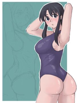 1girls 2024 2d 2d_(artwork) ameh_li armpit ass azumanga_daiou big_ass big_breasts black_eyes black_hair blush breasts cowboy_shot female female_only from_behind human human_only light-skinned_female light_skin looking_at_viewer looking_back no_sex nyamo_minamo_kurosawa solo solo_female standing swimsuit teacher thighs white_border