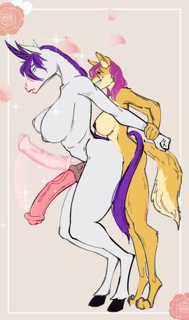 arm_grab ass bicorn bouncing_ass bouncing_breasts bouncing_penis breasts canine duo femtoampere_(character) furry furry_only futa_on_futa futadom futanari futasub glitter horsecock intersex penis rose_(flower) rose_petals schorl standing standing_on_tip_toes standing_position standing_sex theschörl violet_hair white_fur yellow_fur