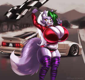 breasts car female five_nights_at_freddy's five_nights_at_freddy's:_security_breach huge_breasts midriff mochifoxxo race_suit roxanne_wolf_(fnaf) solo stockings