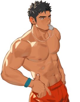 1boy bara bare_pectorals gay gay_male large_pectorals male male_focus male_only muscular muscular_male original original_character pectorals short_hair shorts thick_eyebrows yaoi youchi123