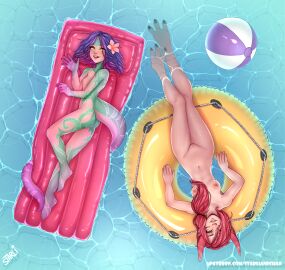 billiard_ball female flower_in_hair golden_eyes league_of_legends lizard neeko nude nude_female patreon_username pool_ring red_hair riot_games starli swimming_pool tail vastaya water xayah