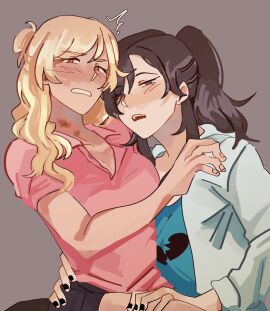 2girls amber_eyes angry angry_expression angry_face big_breasts black_nail_polish black_nails blonde blonde-haired_female blonde_female blonde_hair blue_eyes blue_shirt blush blushing boobs breasts brown_hair class_of_'09 cleavage dark_nails female female_focus flustered hair_bun hand_on_hip hand_on_leg hand_on_shoulder hickey hickey_marks hoodie jeans jecka_(class_of_'09) jeckole juujjuli light-skinned_female light_skin long_hair looking_at_viewer nail_polish nails_painted nicole_(class_of_'09) pale-skinned_female pale_skin pants pink_shirt ponytail shirt sitting sitting_on_lap small_breasts tan_body tan_skin white_body white_hoodie white_skin yellow_hair yuri