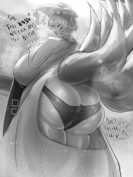 1girls ass ass_focus big_ass big_breasts breasts bursting_butt clothed clothed_female co03but english_text female female_only fox_ears fox_girl fox_tail hat huge_ass huge_breasts kitsune large_breasts monochrome multi_tail panties ran_yakumo solo tail tails thick_thighs thighs touhou venus_body voluptuous voluptuous_female yokai youkai