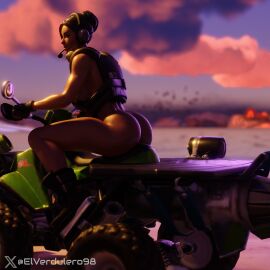 1girls 3d ass backpack bag beach black_footwear black_gloves blurry blurry_background boots breasts brown_hair cloud cloudy_sky dark-skinned_female dark_skin dusk female fortnite gloves hair_bun headphones headset large_breasts leotard motor_vehicle motorcycle outdoors riding sideboob single_hair_bun sitting sky solo sunset tagme watermark waypoint