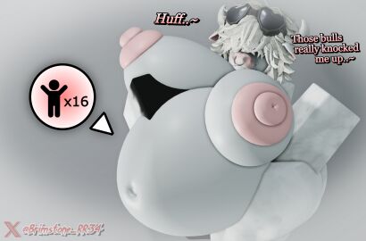 1girls 3d belly big_breasts black_hooves breasts breeding brimstone_rr34 cow_ears cow_horns dialogue ear_piercing female goggles_on_head grey_background hand_on_belly hand_on_hip huge_boobs huge_breasts implied_sex logo maggie_(brimstone_rr34) piercing pregnancy_tally pregnant pregnant_belly pregnant_female roblox robloxian self_upload snout snout_piercing text watermark white_fur white_hair