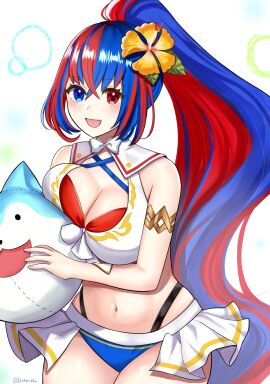 1girls :d alear_(female)_(seaside_dragon)_(fire_emblem) alear_(fire_emblem) alear_(fire_emblem)_(female) alternate_costume alternate_hairstyle armlet bare_shoulders bikini blue_bikini blue_eyes blue_hair blue_swimsuit breast_press breasts cleavage cowboy_shot female female_only fire_emblem fire_emblem_engage fire_emblem_heroes highres large_breasts long_hair looking_at_viewer multicolored_hair navel nintendo official_alternate_costume official_alternate_hairstyle open_mouth otokajife ponytail red_bikini red_eyes red_hair red_swimsuit smile sommie_(fire_emblem) standing stomach streaked_hair swimsuit very_long_hair white_background white_bikini white_swimsuit