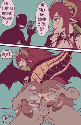 absurd_res anal anal_sex ass ass_grab balls breasts butt_grab clothed clothing comic dialogue dragon dragon_horn dragon_tail duo english_text female genitals hair hand_on_ass hand_on_butt hi_res horn human humanoid instant_loss_2koma legwear male male/female mammal mizaru money mythological_creature mythological_scalie mythology on_lap red_hair scalie sex sitting_on_lap tail text virtual_youtuber vshojo vtuber wings zentreya