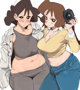 2girls asymmetrical_docking bangs big_breasts blush blush_lines breasts brown-haired_female brown_hair brunette_hair camera cleavage collared_shirt confused confused_look crayon_shin-chan crop_top dark_brown_hair duo eyebrows_visible_through_hair female fluffy_hair hanging_breasts holding_camera holding_object housewife huge_breasts human jeans large_breasts leggings light-skinned_female light_skin long_sleeves low_waisted_pants married_female mature mature_female midriff milf misae_nohara mom_jeans mother musae_koyama pale-skinned_female pale_skin plump plump_breasts pointy_chin short_hair siblings sisters size_difference smile sweat sweatdrop thick_thighs unbuttoned unbuttoned_shirt upper_body voluptuous white_background whoopsatro wide_hips