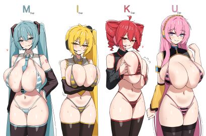 4girls :> ahoge akita_neru alternate_breast_size angry aqua_bikini aqua_eyes aqua_hair aqua_nails aqua_necktie aqua_trim areola_slip arm_tattoo arm_up arms_under_breasts between_breasts big_breasts bikini black_bikini black_ribbon black_shrug black_sleeves blonde_hair blush breast_chart breast_size breast_size_lineup breasts breasts_squeezed_together brown_thighhighs cleavage closed_mouth collared_shrug crossed_arms cup_size detached_sleeves dotthebot drill_hair female grey_bikini grey_shrug groin hair_between_eyes hair_ribbon hand_on_own_hip hatsune_miku hatsune_miku_(collared_bikini) headphones highres huge_breasts kasane_teto long_hair long_sleeves looking_at_viewer measurements medium_hair megurine_luka micro_bikini microphone midriff multicolored_bikini multicolored_clothes multiple_females multiple_girls nail_polish navel necktie necktie_between_breasts pink_bikini pink_eyes pink_hair red_bikini red_eyes red_hair red_trim ribbon shrug_(clothing) side_ponytail simple_background skindentation sleeves_past_wrists smile stomach striped_bikini striped_clothes sweat swimsuit tattoo thighhighs thighs tie_between_breasts tongue tongue_out twin_drills twintails two-tone_bikini utau very_long_hair vocaloid white_background white_shrug yellow_bikini yellow_eyes yellow_necktie yellow_sleeves yellow_trim