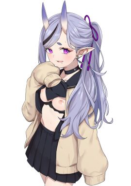 blue_hair bra_pull breasts breasts_out female female_focus large_breasts long_hair looking_at_viewer morisobo nijisanji oni_horns open_shirt pointy_ears purple_eyes rindou_mikoto sweater virtual_youtuber white_background