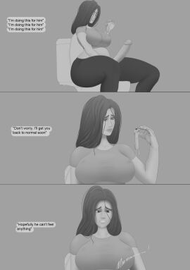 absurdly_large_cock bathroom black_hair condom_transformation deag9000 english_text futa_giantess futa_on_male futanari human_condom it'll_never_fit living_condom micro_male micro_on_macro oc part_1 talking_to_self text toilet transformation white_body