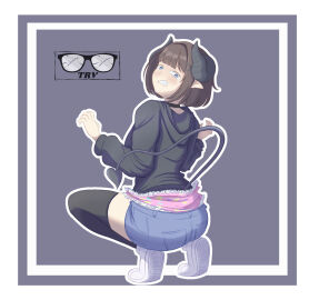 1girls 2024 after_wedgie ass bl4ckc0ffee19 blue_eyes brown_hair clenched_teeth demon_girl demon_horns demon_tail female from_behind hoodie horns kneeling looking_back original panties pink_panties pointy_ears print_panties shorts sneakers squatting tagme tail thighhighs watermark