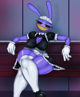 areolae_visible_through_clothing big_breasts breasts cleavage female female_jax genderswap_(mtf) glitch_productions jax_(the_amazing_digital_circus) maid maid_jax_(the_amazing_digital_circus) rule_63 socks the_amazing_digital_circus thick_thighs white_gloves white_socks