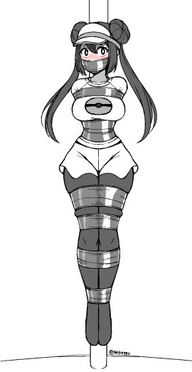 blush bondage breasts duct_tape female negieggy pantyhose pokemon pokemon_bw rosa_(pokemon) sketch skirt suspension tape_bondage taped_mouth tied_to_pole
