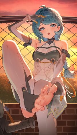 absurdres arm_up armpits backlighting bare_shoulders blue_eyes blue_hair breasts chain-link_fence dress elbow_gloves feet female fence gloves handkerchief highres leg_up long_hair looking_at_viewer low-tied_long_hair medium_breasts open_mouth outdoors pantyhose presenting_foot seed_(zenless_zone_zero) sitting sleeveless sleeveless_dress solo stirrup_legwear sunset sweat swept_bangs toeless_legwear toes unnunal_(unneonal) white_dress white_pantyhose zenless_zone_zero