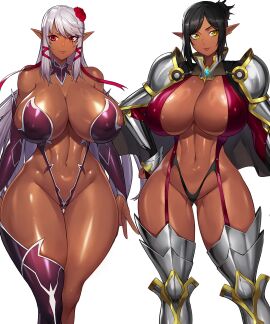 2girls armor big_breasts bikini_armor black_hair breasts cleavage commission cosplay dark-skinned_female dark_elf dark_skin delva_celebrian elf elf_ears elf_female evelyn_celebrian female full_cleavage gurimjang huge_breasts long_hair navel nipple_bulge plump red_eyes silver_hair sisters skimpy smile thick_thighs thigh_gap white_background white_hair yellow_eyes youkoso!_sukebe_elf_no_mori_e