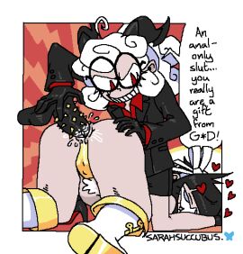 2girls anal anal_access anal_only anal_only_lifestyle anal_only_maebari artist_upload azazel_(helltaker) black_hair blue_eyes boots boots_only clothed_female_nude_female dialogue dialogue_bubble dildo dildo_in_ass dominant_female face_down_ass_up female female_domination female_only femdom femsub glasses hearts_around_head helltaker horns lube lube_drip lube_in_ass maebari painal pandemonica_(helltaker) red_eyes ribbon_in_hair rough_anal sarahsuccubus slit_pupils spiked_dildo virgin virgin_doing_anal white_hair yuri