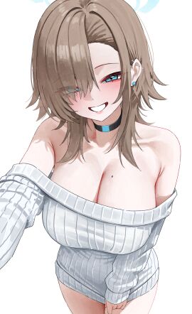 absurdres alternate_costume alternate_hairstyle aqua_eyes asuna_(blue_archive) bare_shoulders black_choker blue_archive blush breasts choker cleavage commentary dress ear_piercing earrings english_commentary eyes_visible_through_hair female highres jewelry kono_(xerondan321) large_breasts long_sleeves looking_at_viewer medium_hair mole mole_on_breast off_shoulder piercing simple_background smile solo stud_earrings sweater sweater_dress white_background white_sweater