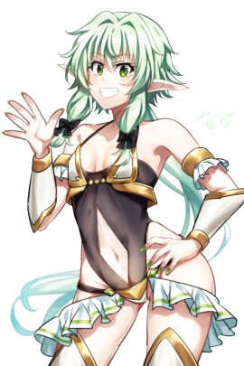 alternate_costume armor bare_shoulders bikini bikini_armor black_one-piece_swimsuit bow breasts clothing_cutout collarbone cowboy_shot detached_sleeves elf elf_ears elf_female female flat flat_chest flat_chested goblin_slayer grin hair_between_eyes hairbow hand_on_own_hip high_elf_archer_(goblin_slayer) highres kankitukou legs_apart long_hair long_sleeves navel navel_cutout one-piece_swimsuit pointy_ears small_breasts smile solo swimsuit teeth twintails white_bikini