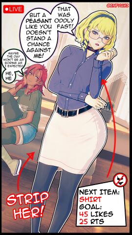 2girls 3d artist_name belt beltskirt blonde_hair blue_eyes blue_nails breasts business_suit choker_writing collar constance_von_nuvelle converse dark-skinned_female dark_skin english_text exhibitionism female female_only femdom femsub fire_emblem fire_emblem:_three_houses glasses green_shirt hapi_(fire_emblem) humiliation jean_shorts light-skinned_female light_skin livestream medium_breasts meme multiple_females multiple_girls nail_polish name_tag nintendo platform_footwear red_eyes red_hair shirt skirt speech_bubble strip_game t-shirt teasing text tight_clothing tights twitter_strip_game_(meme) yumi_(artist)