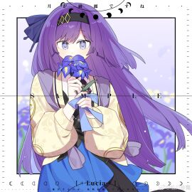 blue_flowers blurry_background clothed clothed_female detailed_background female female_only flower flowers headband highres long_hair long_sleeves non-web_source purple_hair ribbon ribbons solo solo_female songchuan_ling_lu tagme tagme_(character) violet_eyes violet_hair