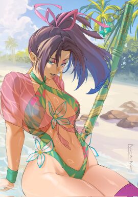 1girls artist_request asian_female beach breasts cleavage curvy_figure curvy_hips japanese_female karra_art light-skinned_female light_skin long_hair marvel marvel_rivals mutant_(marvel) navel official_alternate_costume one-piece_swimsuit psylocke psylocke_(breezy_butterfly) psylocke_(marvel_rivals) purple_hair sai_(marvel) sitting sky swimsuit thighs transparent_clothing water x-men