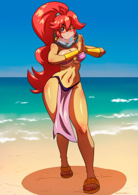 beach belly_dance belly_dancer belly_dancer_outfit blush breasts cleavage dancer dancer_outfit deviantart female genie happy happy_female harem_girl harem_outfit large_breasts loincloth long_hair ono-fire original original_character ponytail purple_eyes red_hair sandals seaside veil wink winking_at_viewer