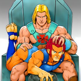2boys ai_generated anthro blonde_hair blonde_male boots claws feline furry hand_on_ass he_man in_lap lion-o male male/male male_only maledom masters_of_the_universe muscular petplay petting red_hair smiling stirrup_legwear submissive suggestive suggestive_gesture suggestive_look suggestive_pose thundercats top-down_bottom-up yaoi yellow_fur