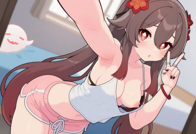 armpits bangs bare_shoulders bedroom black_bra black_nails blush boo_tao_(genshin_impact) bra bracelet breasts brown_hair crop_top dolphin_shorts female flower flower-shaped_pupils ghost hair_between_eyes hair_flower hair_ornament hu_tao_(genshin_impact) indoors jewelry leaning_forward long_hair looking_at_viewer medium_breasts midriff multiple_rings nail_polish navel nipple_slip nipples outstretched_arm parted_lips pink_shorts reaching_towards_viewer red_eyes ring selfie short_shorts shorts solo sweatdrop symbol-shaped_pupils tank_top twintails underwear v very_long_hair