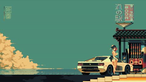 animated architecture ass black_cat blue_sky breasts car cloud east_asian_architecture feline female ferrari ferrari_testarossa from_behind hand_on_own_head highres hologram horizon looking_back motor_vehicle mykar original outdoors panties pixel_art scanlines short_hair sky solo sports_car standing underwear vending_machine wind