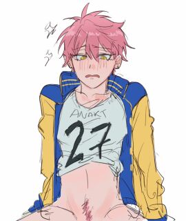 1girls alien_stage blue_jacket female jacket jersey mizi_(alien_stage) open_mouth pink_hair pink_pubic_hair pubic_hair shirt shirt_up short_hair sitting solo the_quipper white_shirt yellow_eyes yellow_jacket