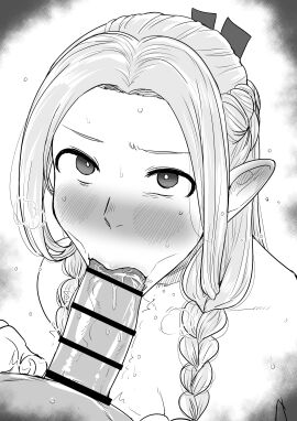 1boy :>= absurdres bar_censor blonde_hair blowjob blowjob_face blush braid breasts censored dungeon_meshi elf fellatio female greyscale hair_around_ear highres kaiman_garupan long_hair looking_at_viewer male marcille_donato monochrome multiple_braids nude open_mouth penis pointy_ears pov pov_crotch simple_background solo_focus steaming_body straight sweat white_background