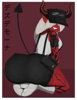 ass cap censored desdemona_(fortnite) devil_horns devil_tail fortnite goldenisbunny malicious_smile red_skin sfw_version socks suggestive_pose tattoo_on_legs tattoos